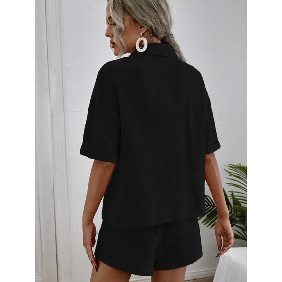 2 piece set: Breast Pocket Button Down Shirt & high waist Shorts coords tan - Picture 9 of 14